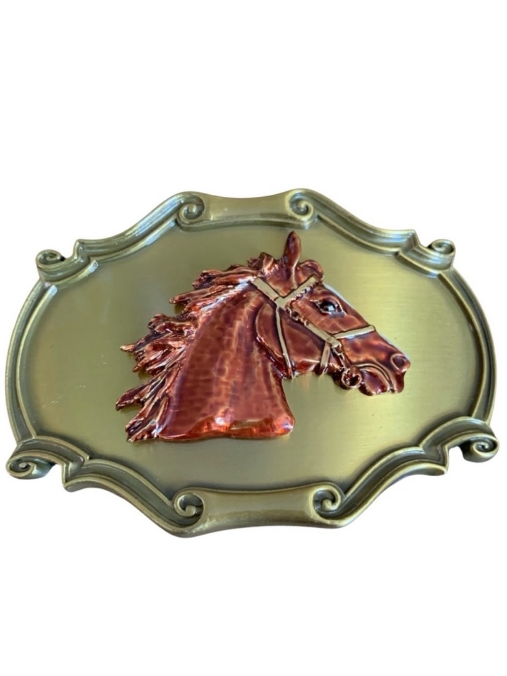 Vintage 1978 Western Belt Buckle Brass Horse Head Equestrian Raintree USA